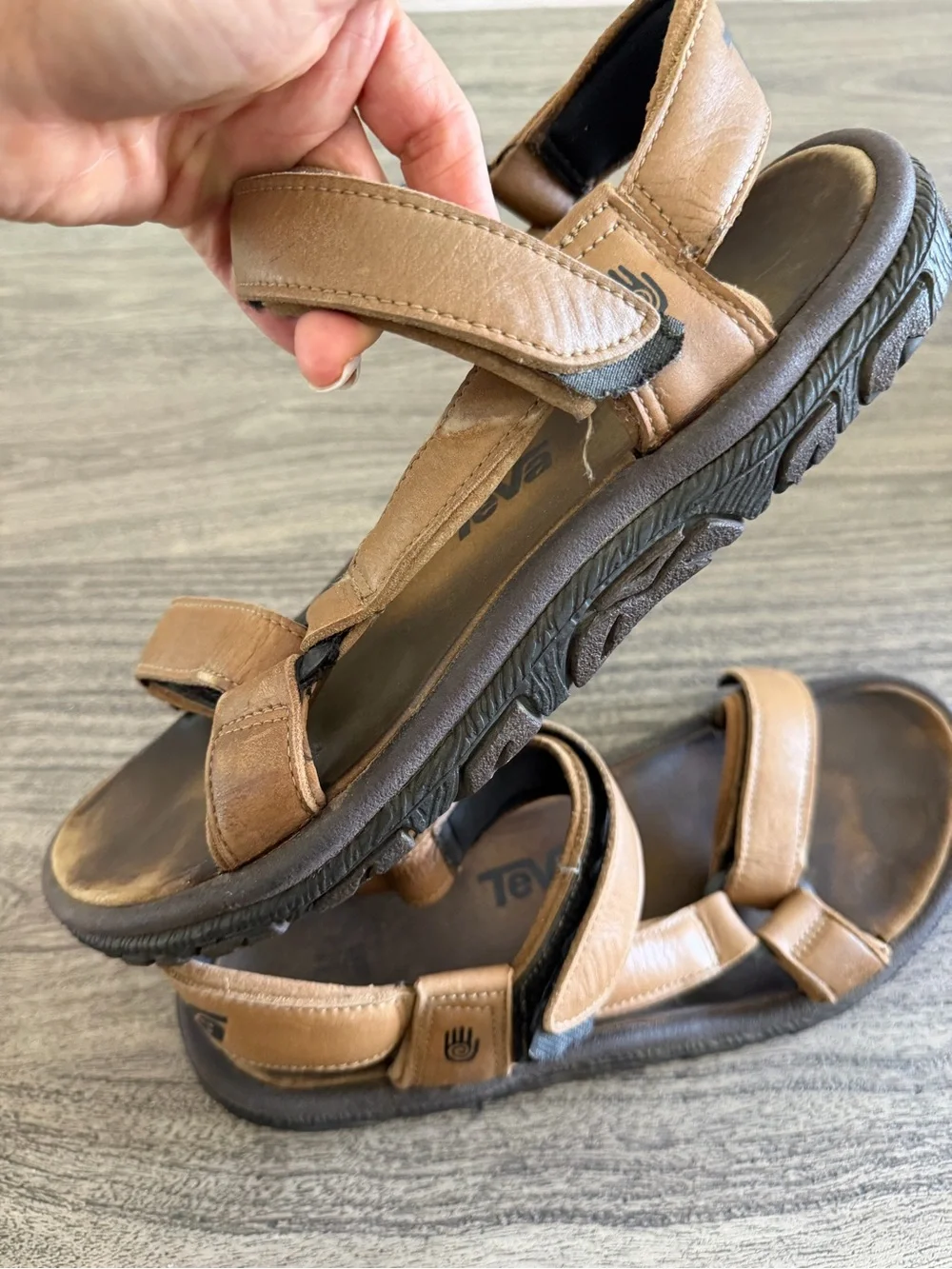 Teva Men's Tan Leather Strap Sandals with Black Sole